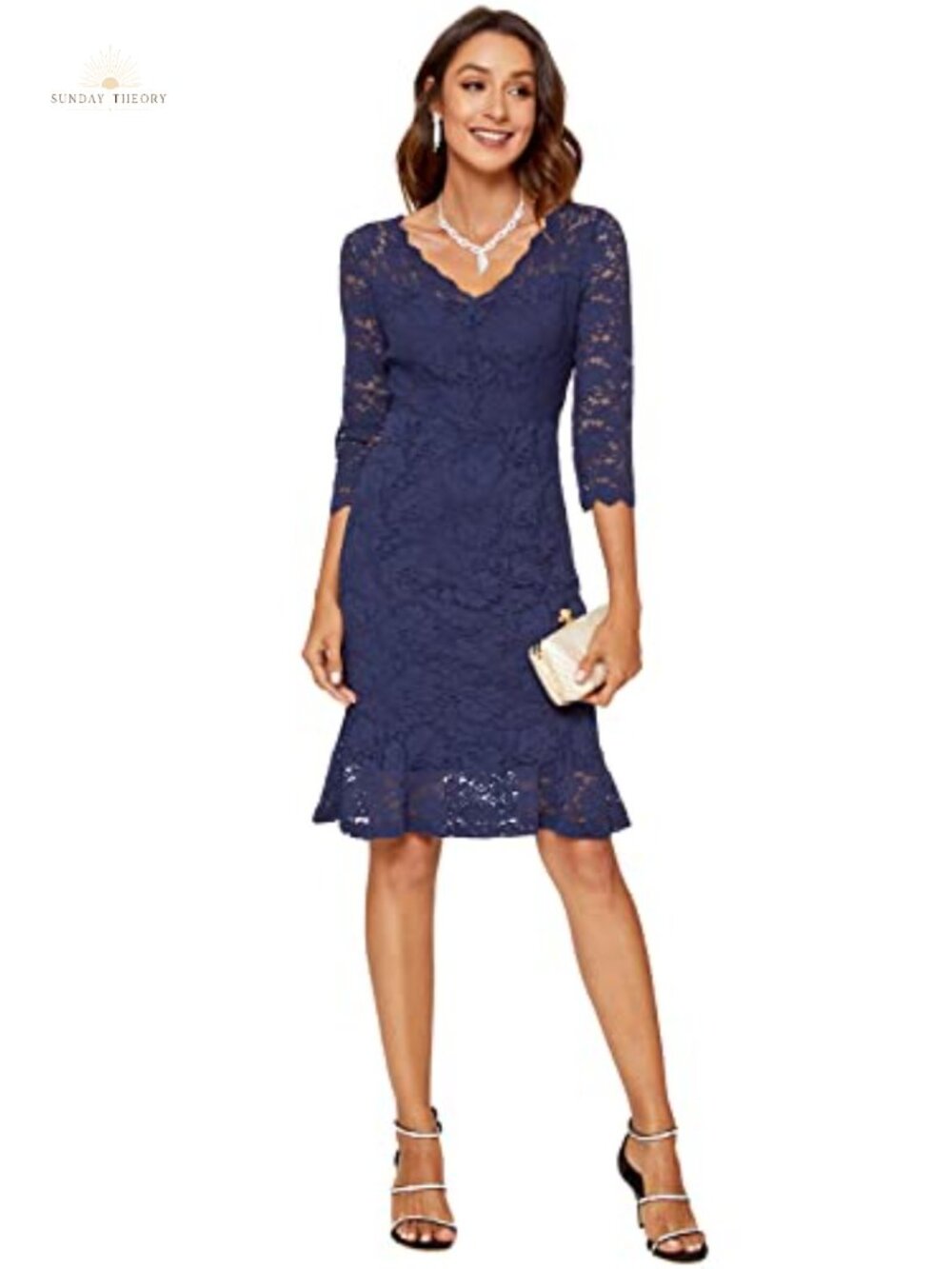 Women's Lace Floral Mermaid Bodycon Dress 3/4 Sleeve V-Neck Cocktail Party